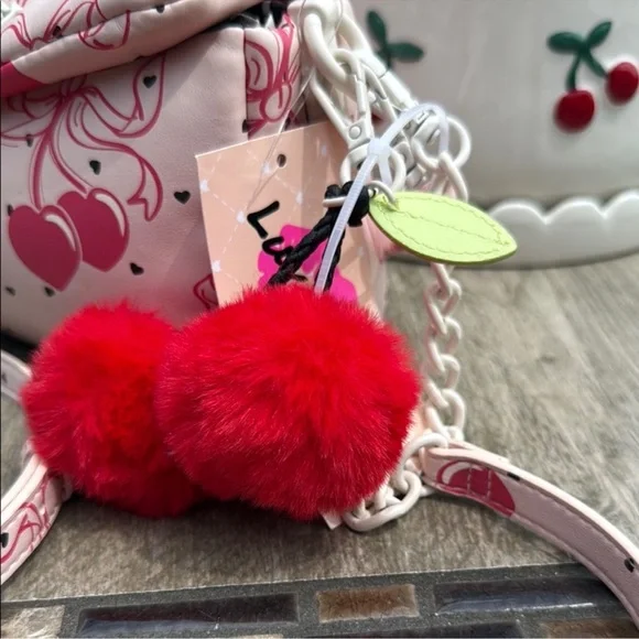 NWT! Betsey Johnson Pink Cherry Hearts Bows Soft Crossbody Bag - Picture 4 of 7